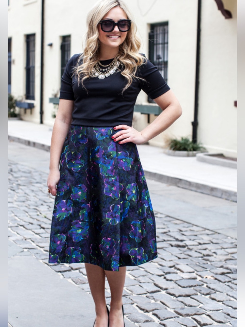 kate spade Black Midi Skirt with Purple & Blue Floral Print - Picture 1 of 13